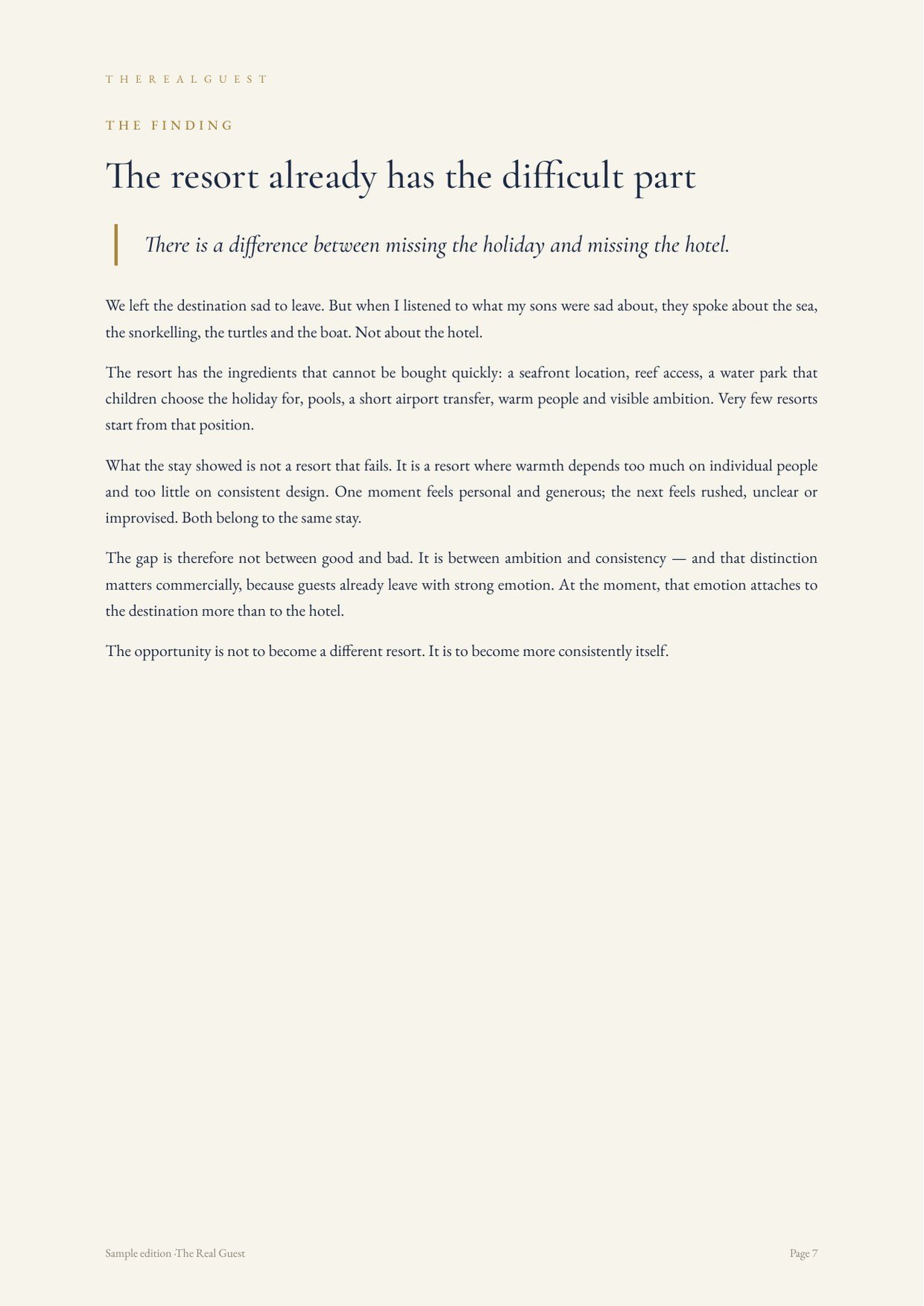 Sample page: The Finding — the resort already has the difficult part
