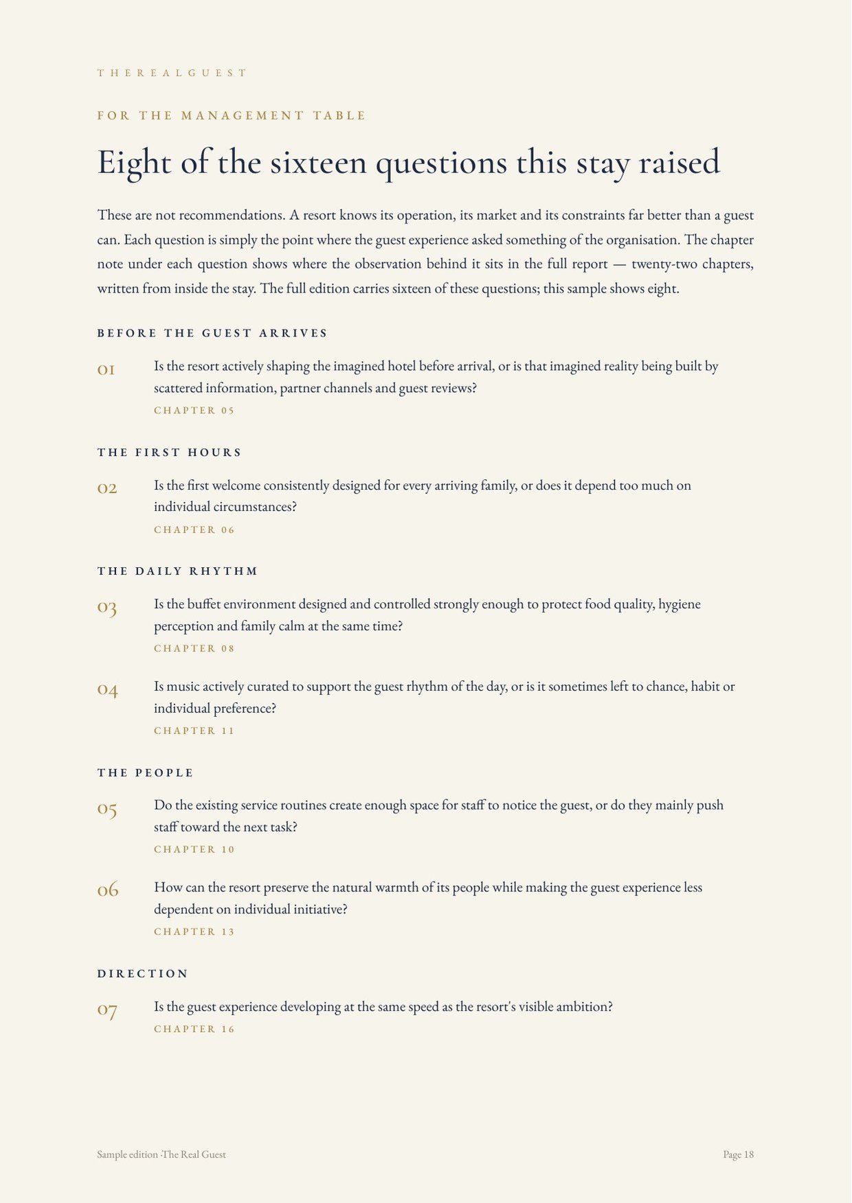 Sample page: For the Management Table — the questions this stay raised